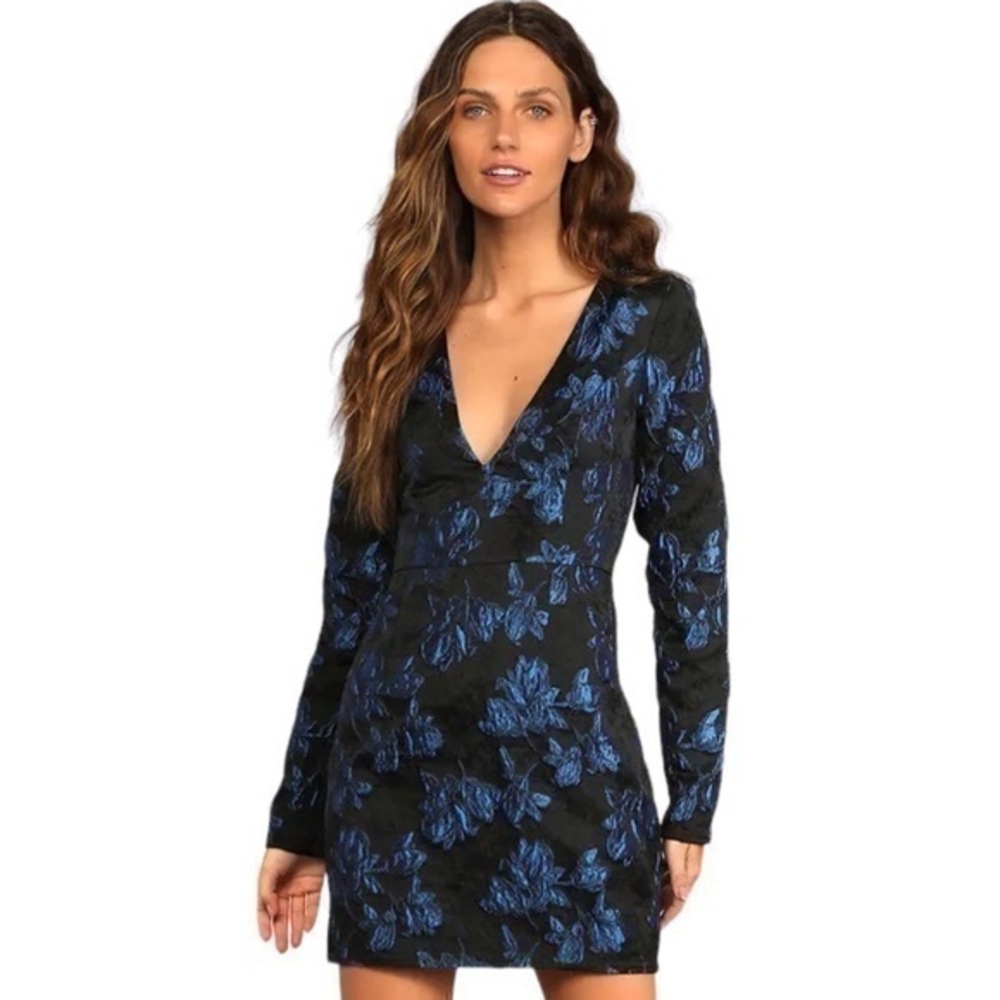 Lulus Elegant Taste Black and Blue‎ Floral Jacquard Mini Dress Size Large New
